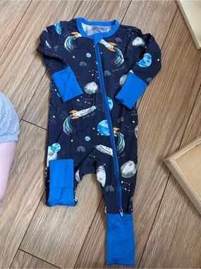 Navy Space-Print Footed One-Piece Pajamas with Blue Trim